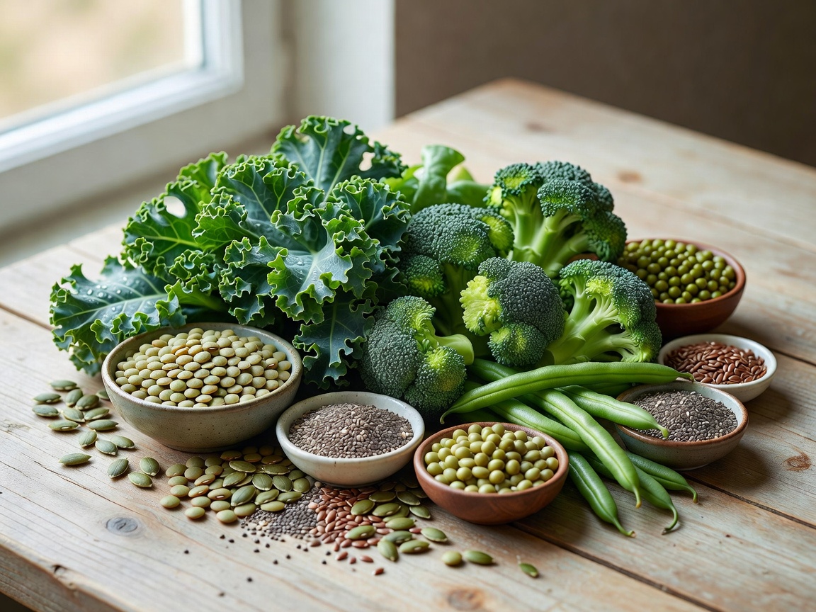 Fresh organic green vegetables, legumes, and seeds for microbiome nutrition