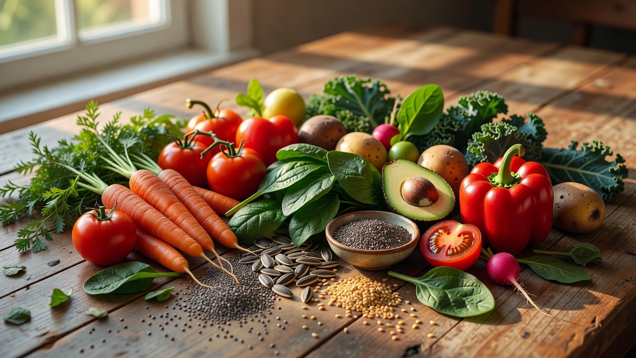 Various organic plant foods, seeds, and vegetables on table